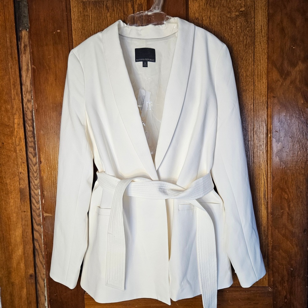 Banana Republic Women 14 Off White Belted Shawl Collar Blazer‎ Jacket 176973 NWT